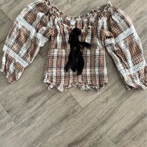 Urban Outfitters Brown Plaid Off-Shoulder Top